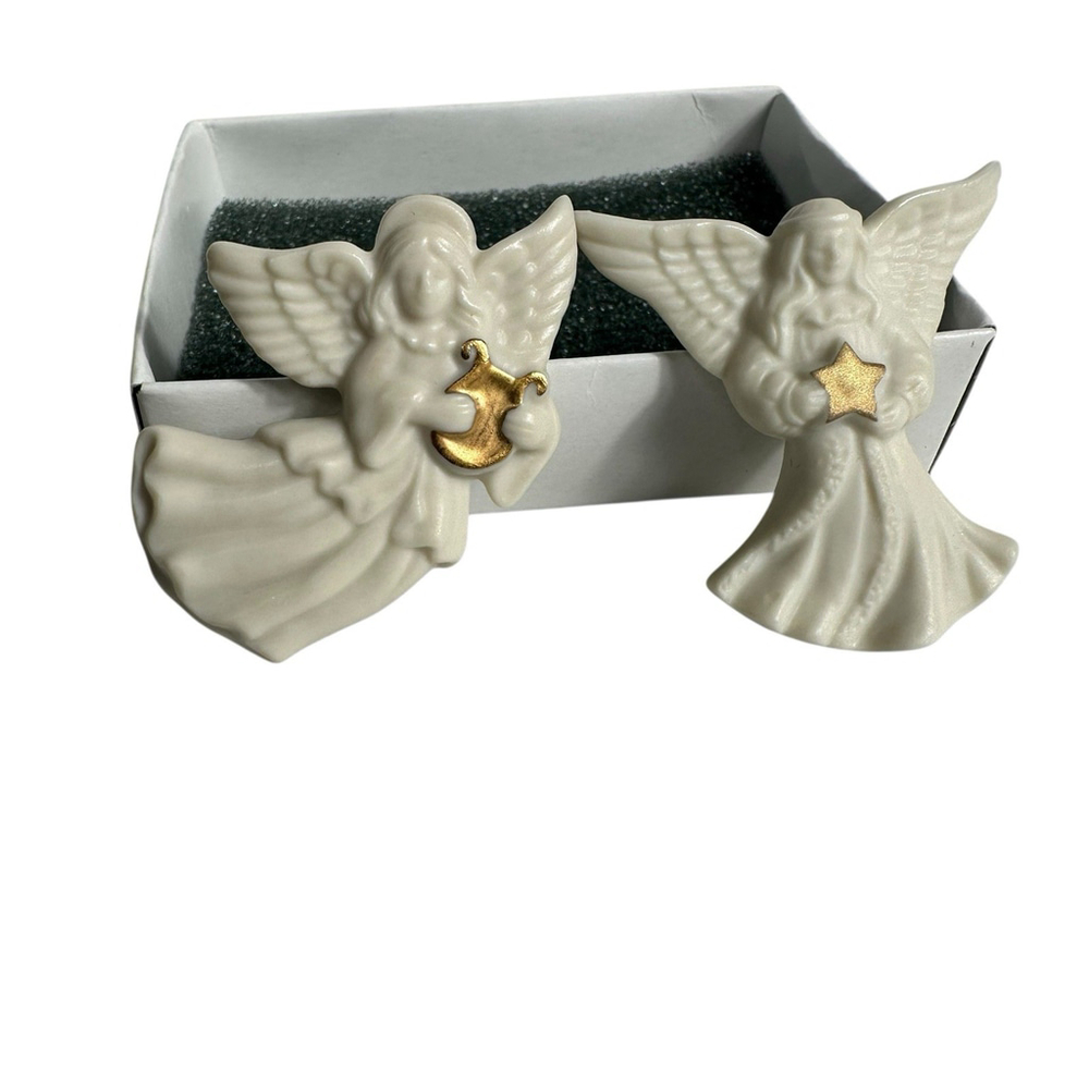 Lenox Vintage Angel Porcelain Brooch Pins Set Of 2 Angel Star & Angel Harp - Picture 2 of 8